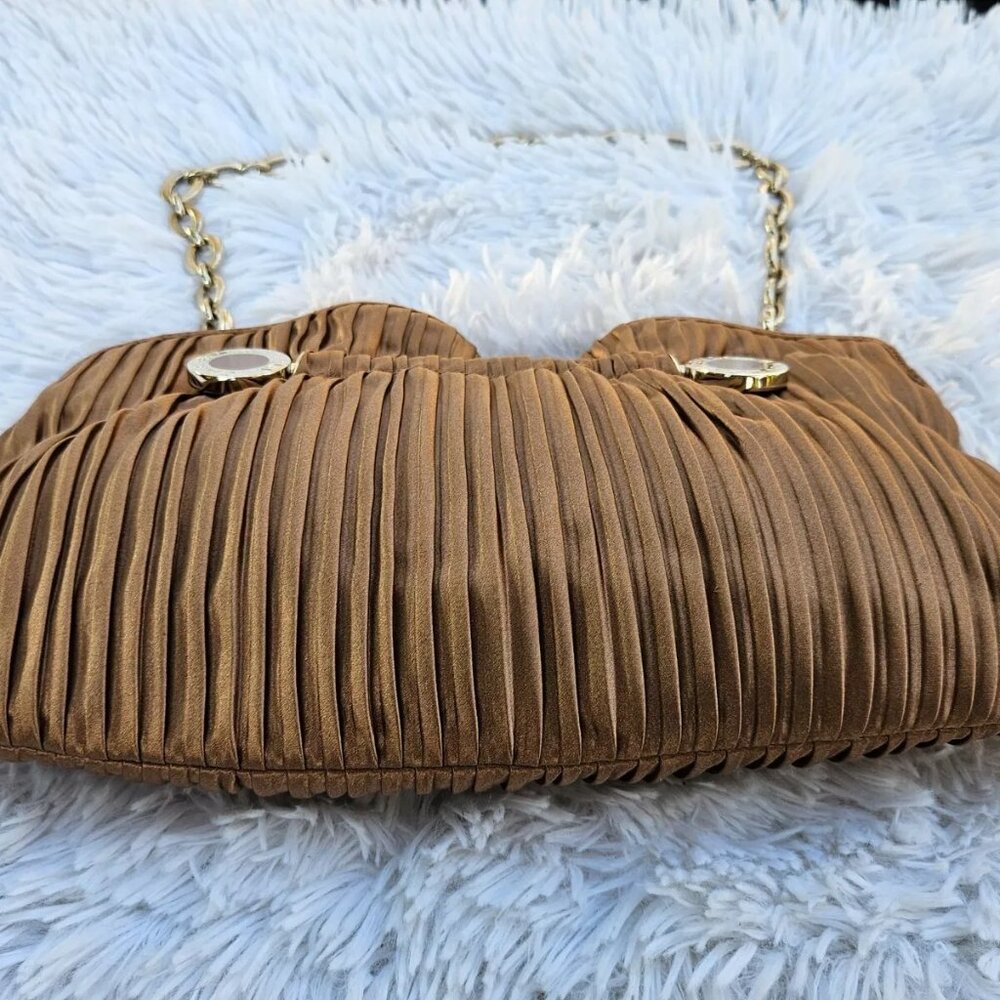 BVLGARI Handbag Metallic Brown Pleated Satin Clutch Gold Tone Hardware Purse - Picture 6 of 12